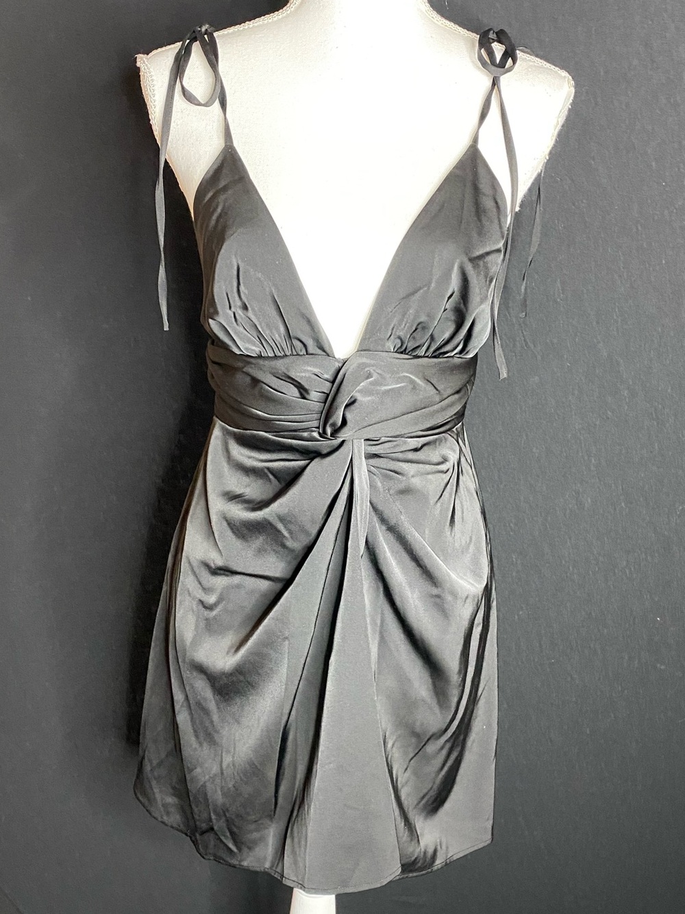 NBD Black Satin Knot-Front Mini Dress